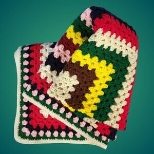 Vintage 1970s Handmade Crocheted Colorful Throw Blanket Afghan 53x47‎